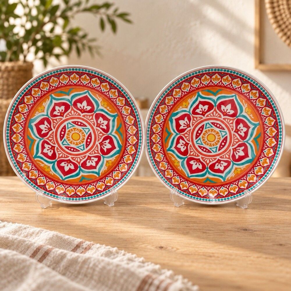 Better Homes & Gardens Plates Set 2 10.25” Floral Damask Mandala Red Orange Teal